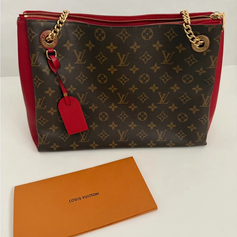 RARE Louis Vuitton Red and Brown Monogram Chain Shoulder Bag Leather Trim - Picture 2 of 16